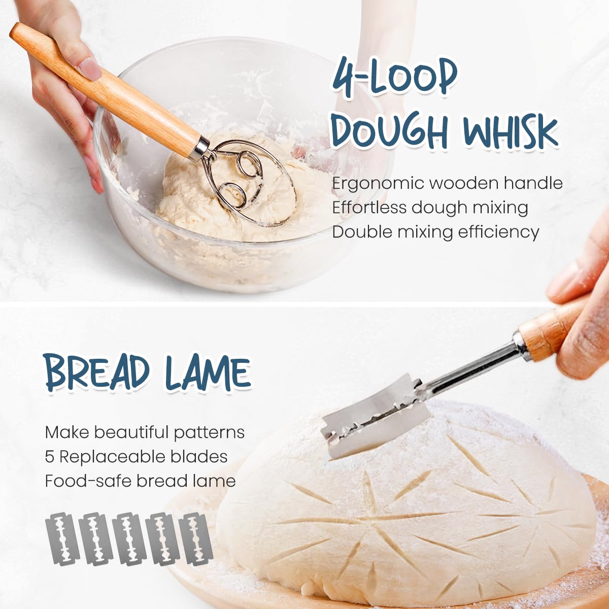 RORECAY Bread Banneton Proofing Basket Set, 9 Inch Round & 10 Inch Oval Cane Sourdough Baskets with Dough Whisk Bread Lame Dough Scraper Bowl Scraper Silicone Brush Sourdough Bread Baking Supplies