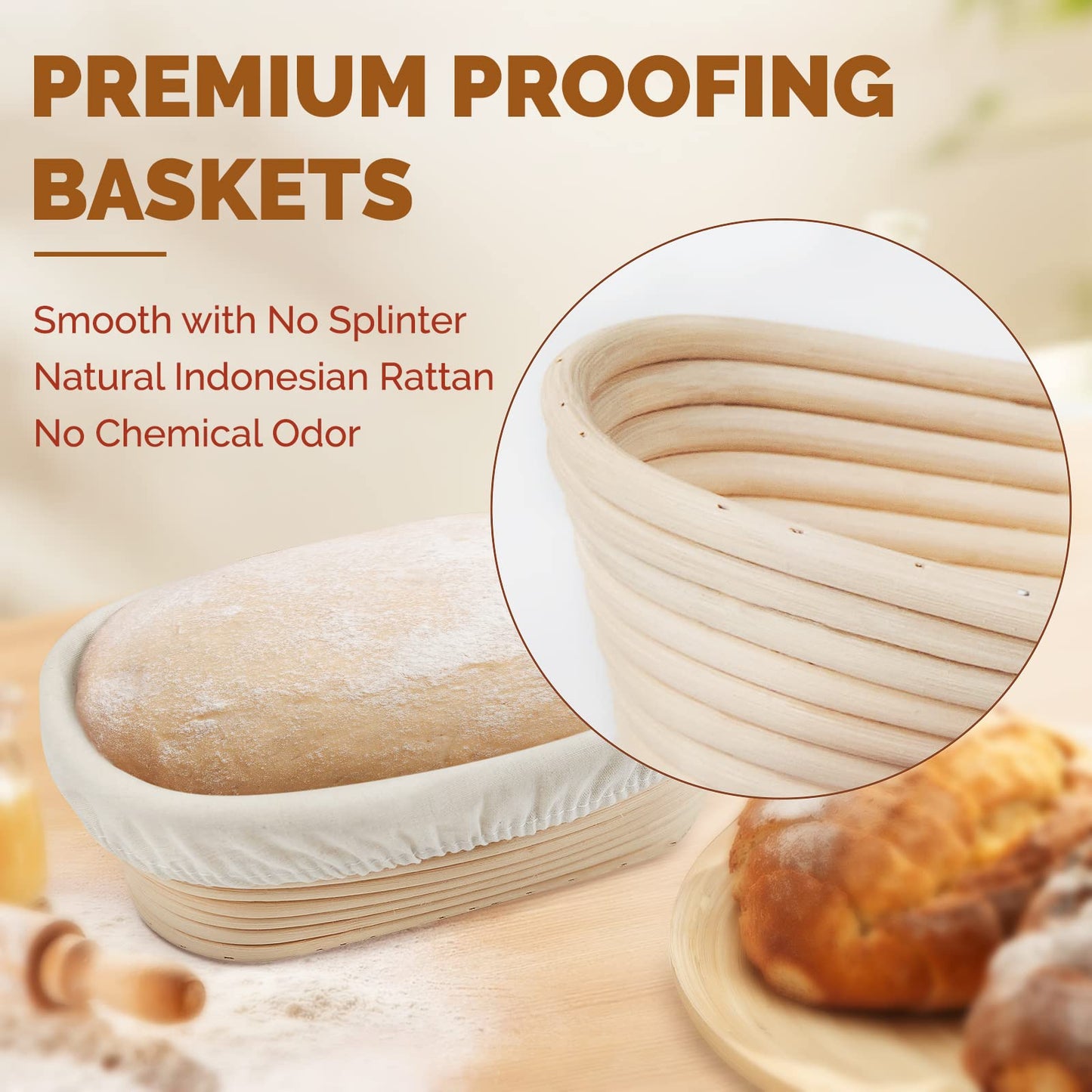 RORECAY Bread Banneton Proofing Basket Set, 9 Inch Round & 10 Inch Oval Cane Sourdough Baskets with Dough Whisk Bread Lame Dough Scraper Bowl Scraper Silicone Brush Sourdough Bread Baking Supplies