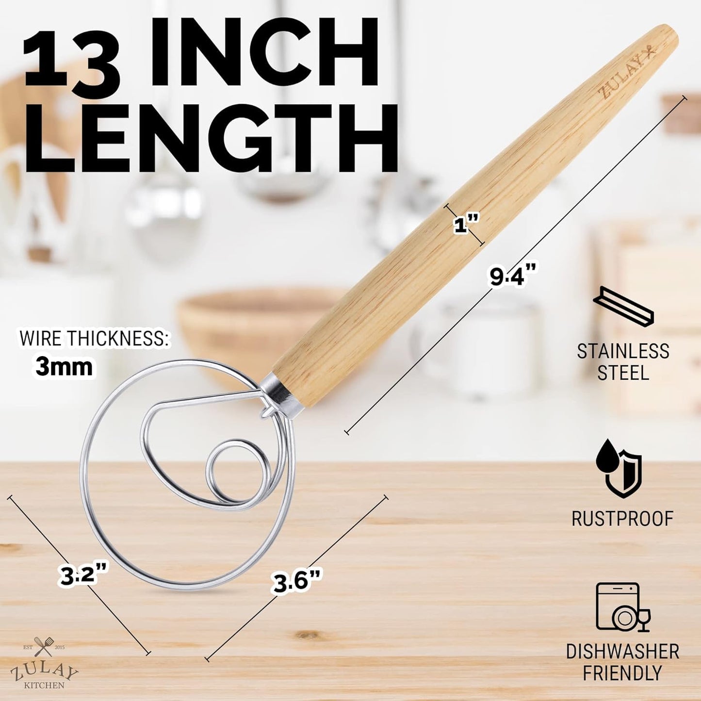 Zulay Kitchen 13-Inch Danish Dough Whisk - Wooden Danish Whisk for Dough with Stainless Steel Dough Hook - Traditional Dutch Whisk - Bread Whisk for Sourdough, Pizza, Pastry, Cake Batter