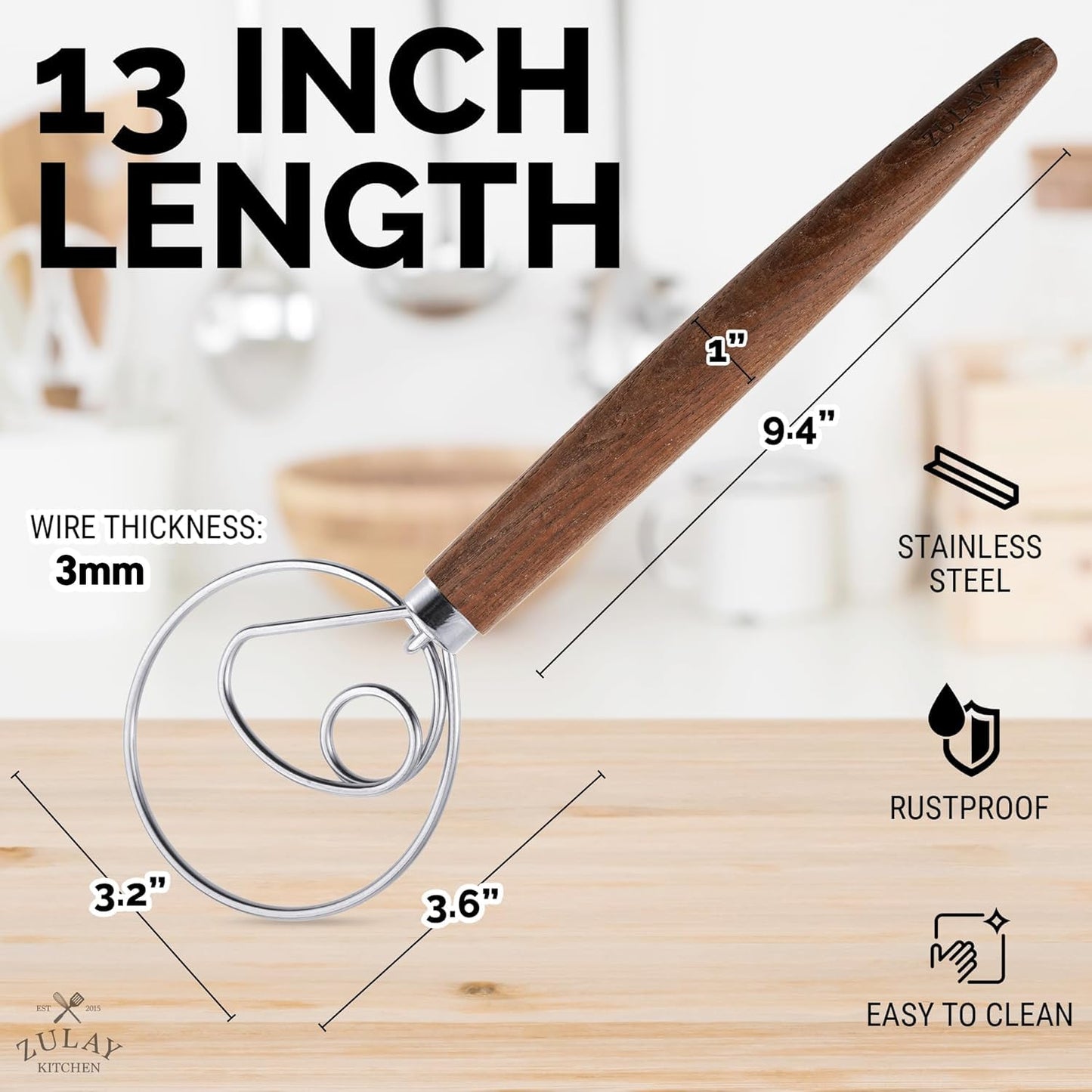 Zulay Kitchen 13-Inch Danish Dough Whisk - Wooden Danish Whisk for Dough with Stainless Steel Dough Hook - Traditional Dutch Whisk - Bread Whisk for Sourdough, Pizza, Pastry, Cake Batter