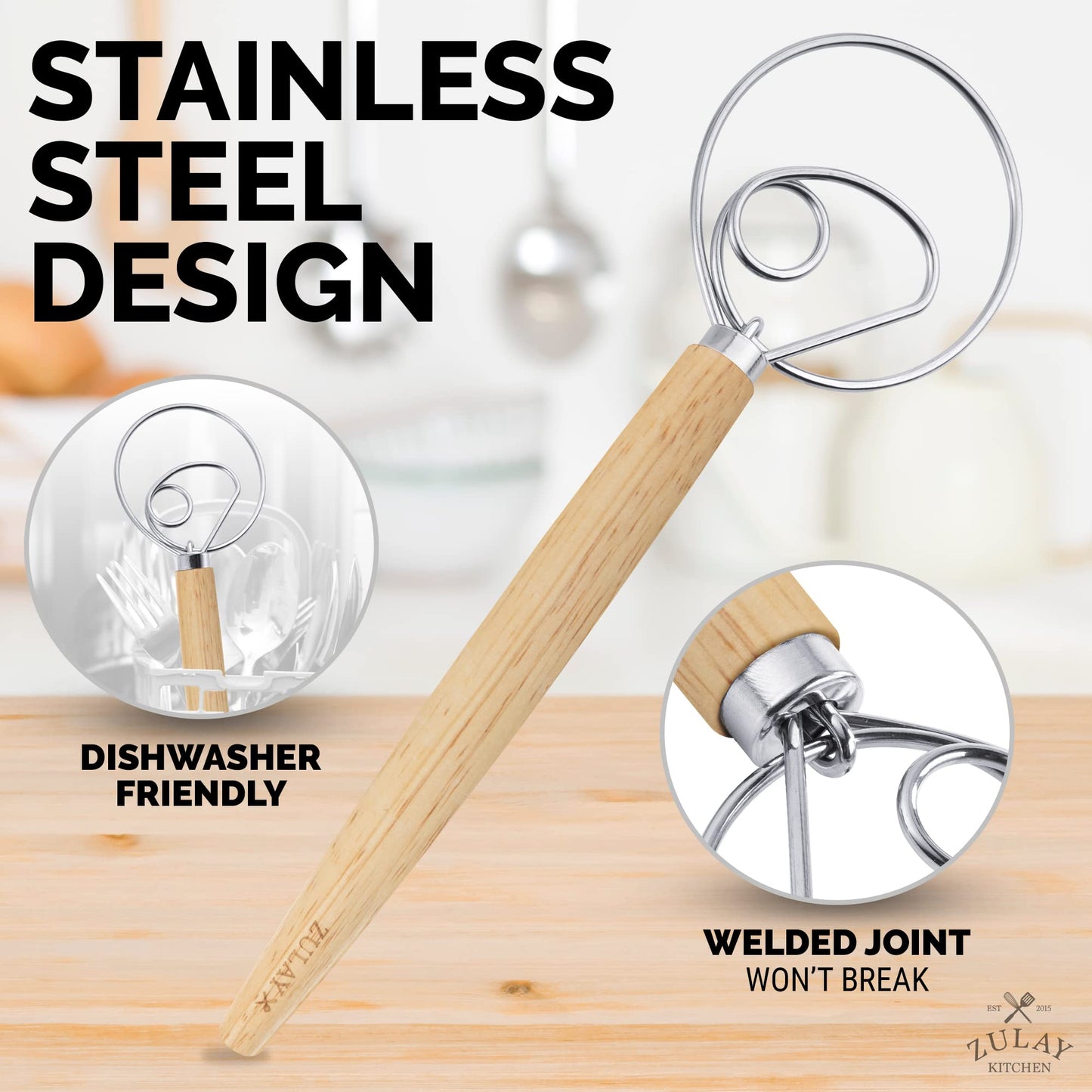 Zulay Kitchen 13-Inch Danish Dough Whisk - Wooden Danish Whisk for Dough with Stainless Steel Dough Hook - Traditional Dutch Whisk - Bread Whisk for Sourdough, Pizza, Pastry, Cake Batter