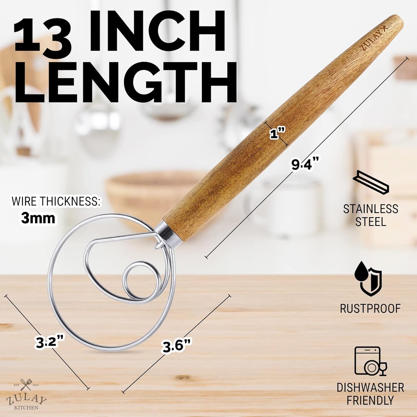 Zulay Kitchen 13-Inch Danish Dough Whisk - Wooden Danish Whisk for Dough with Stainless Steel Dough Hook - Traditional Dutch Whisk - Bread Whisk for Sourdough, Pizza, Pastry, Cake Batter