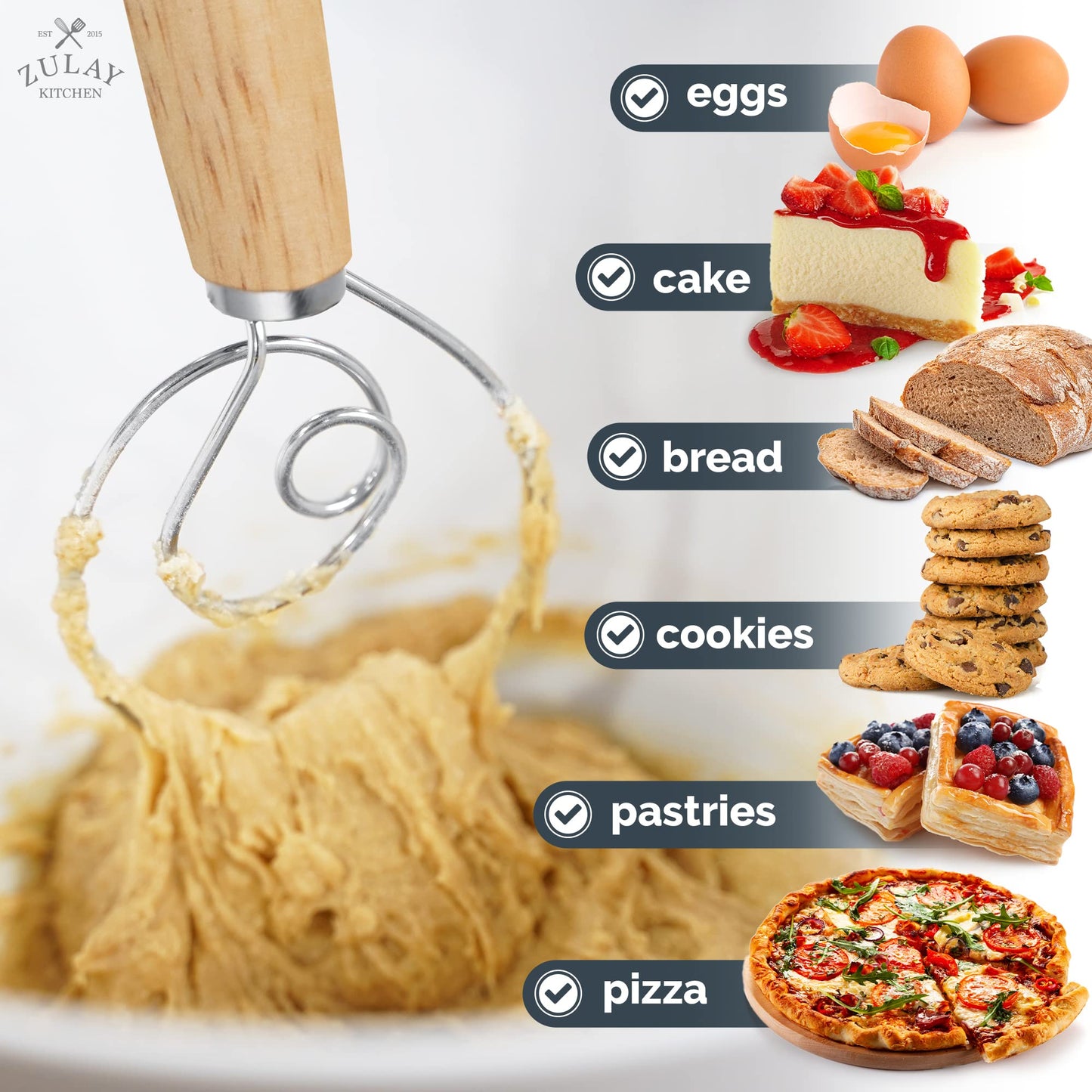 Zulay Kitchen 13-Inch Danish Dough Whisk - Wooden Danish Whisk for Dough with Stainless Steel Dough Hook - Traditional Dutch Whisk - Bread Whisk for Sourdough, Pizza, Pastry, Cake Batter