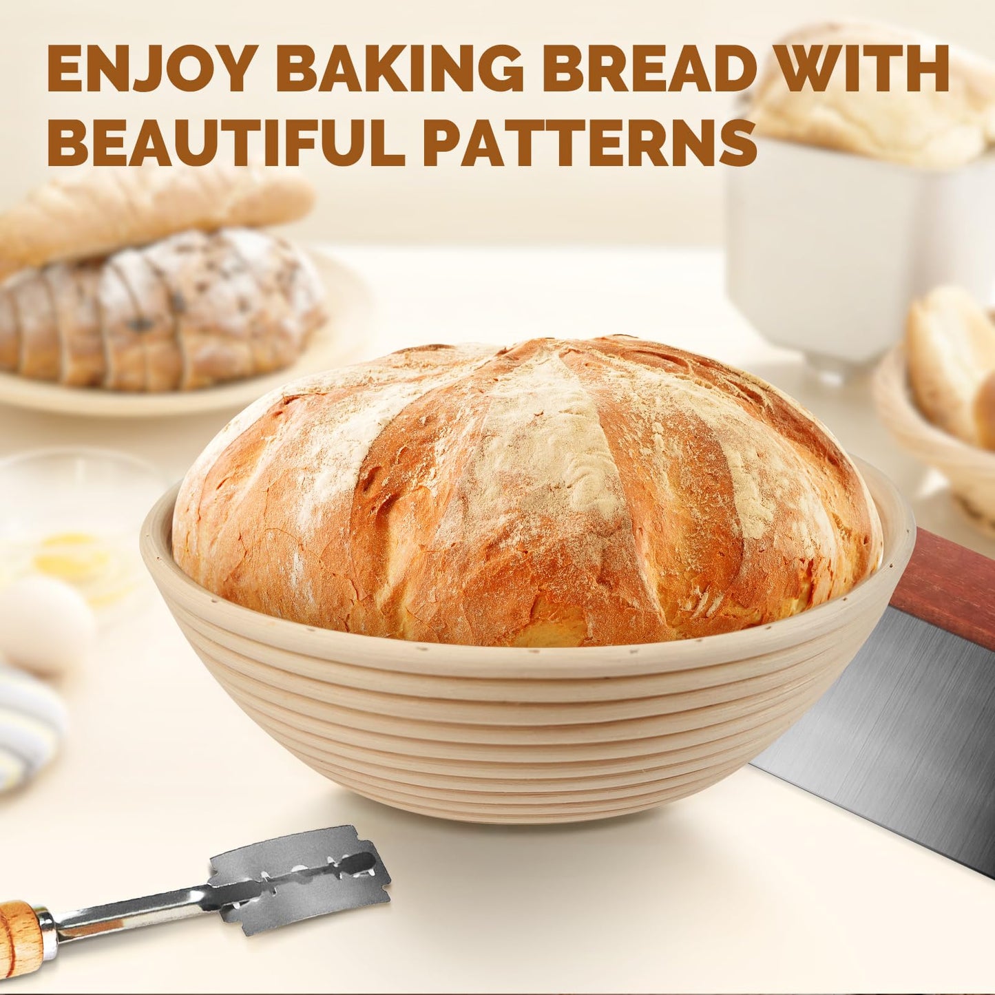 RORECAY Bread Banneton Proofing Basket Set, 9 Inch Round & 10 Inch Oval Cane Sourdough Baskets with Dough Whisk Bread Lame Dough Scraper Bowl Scraper Silicone Brush Sourdough Bread Baking Supplies