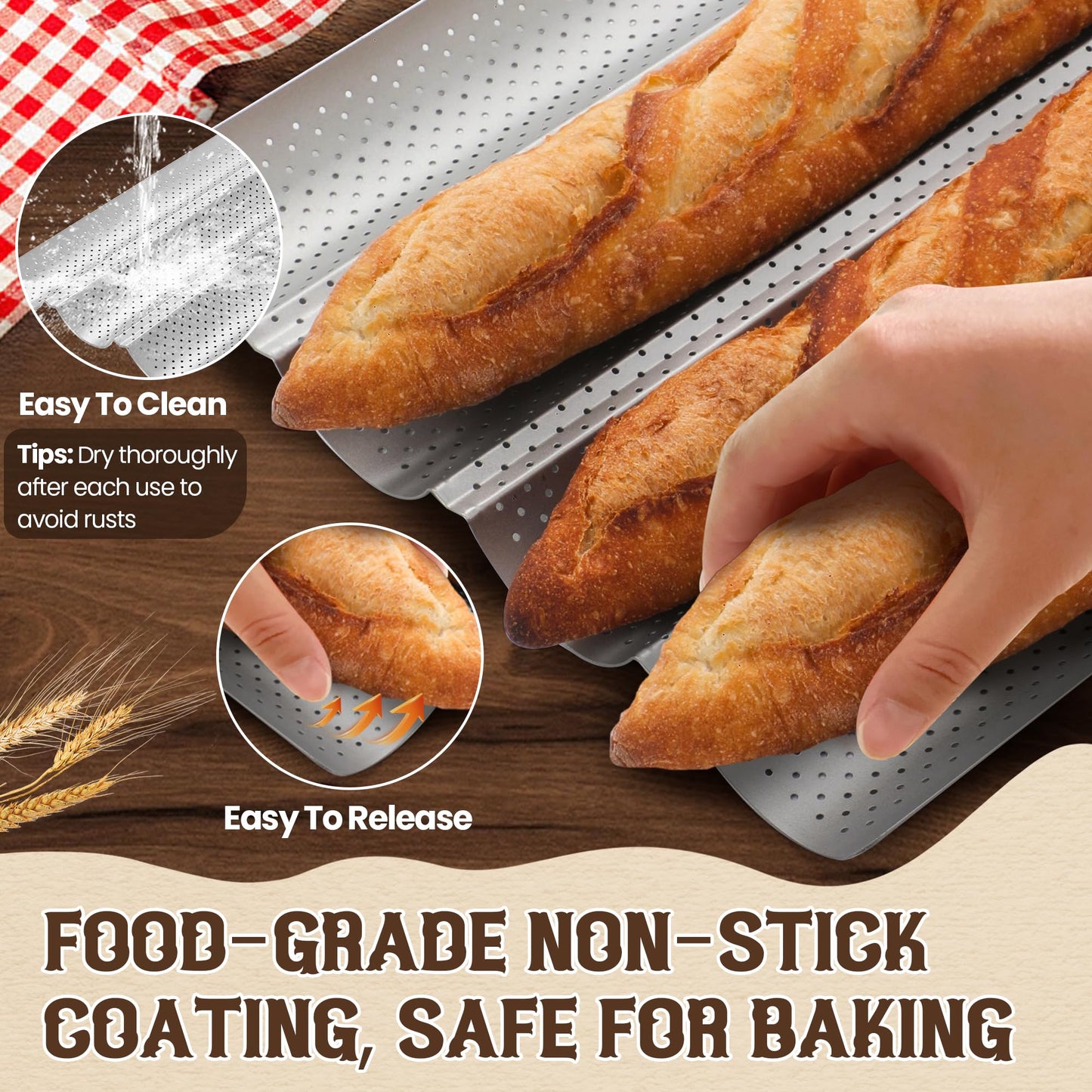 Baguette Bread Pan, Premium Nonstick Perforated Baguette Pan for French Bread Baking, 4 Loaves Baguette Baking Tray for Sourdough, Italian Bread, Perfect for Creating Crisp Golden-Brown Crust