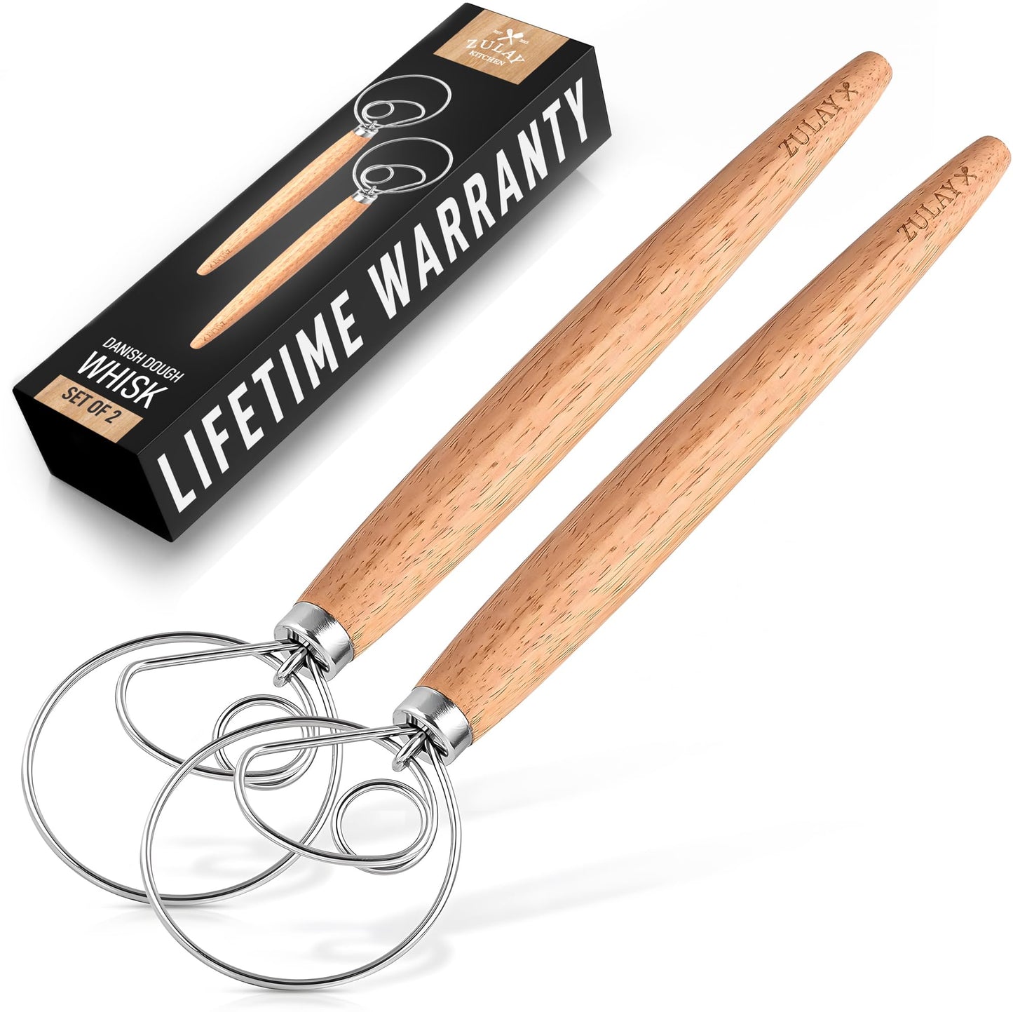 Zulay Kitchen 13-Inch Danish Dough Whisk - Wooden Danish Whisk for Dough with Stainless Steel Dough Hook - Traditional Dutch Whisk - Bread Whisk for Sourdough, Pizza, Pastry, Cake Batter