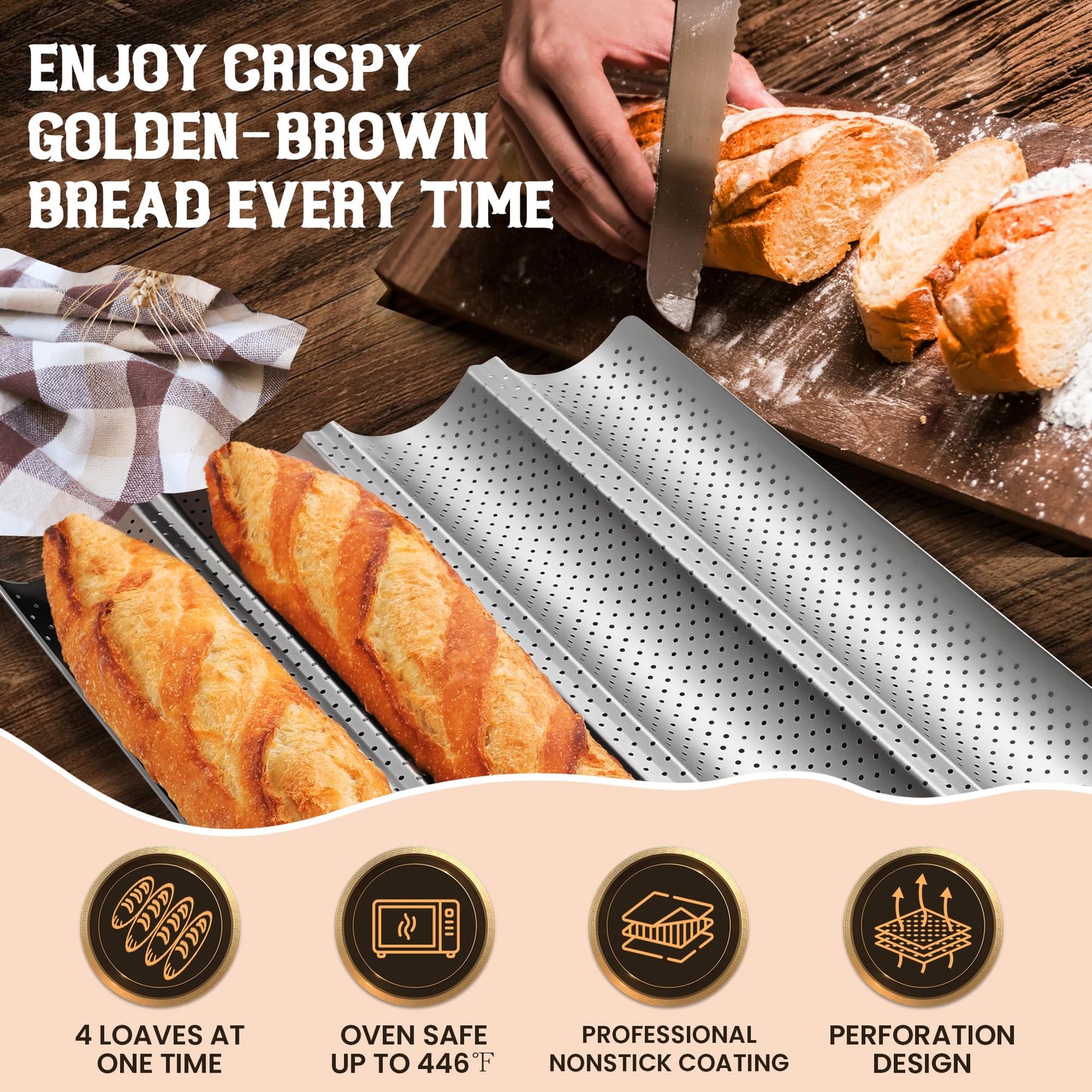 Baguette Bread Pan, Premium Nonstick Perforated Baguette Pan for French Bread Baking, 4 Loaves Baguette Baking Tray for Sourdough, Italian Bread, Perfect for Creating Crisp Golden-Brown Crust