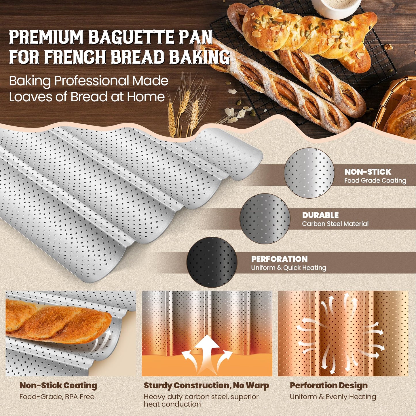 Baguette Bread Pan, Premium Nonstick Perforated Baguette Pan for French Bread Baking, 4 Loaves Baguette Baking Tray for Sourdough, Italian Bread, Perfect for Creating Crisp Golden-Brown Crust