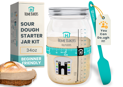 Premium Sourdough Starter Kit – 34oz Glass Jar with Feeding Tracker, Thermometer, Scraper & Airtight Lid for Artisan Bread